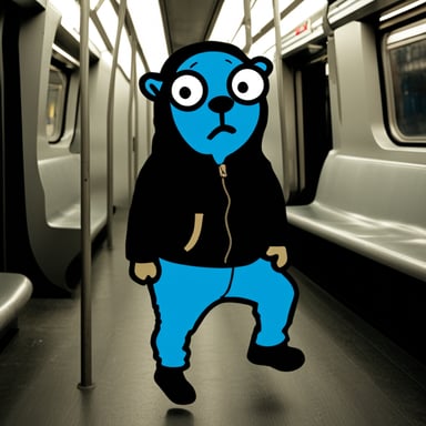 Go Blue Gopher wearing black clothes depressed in the U-Bahn in Berlin.