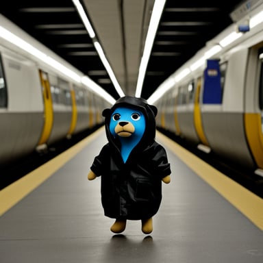 Go Blue Gopher wearing black clothes depressed in the U-Bahn in Berlin.