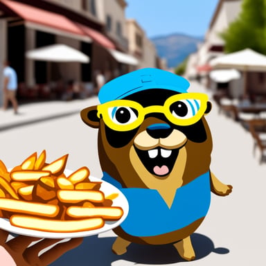 Go Blue Gopher in Greece eating souvlaki.