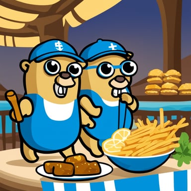 Go Blue Gopher in Greece eating souvlaki.