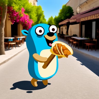 Go Blue Gopher in Greece eating souvlaki.