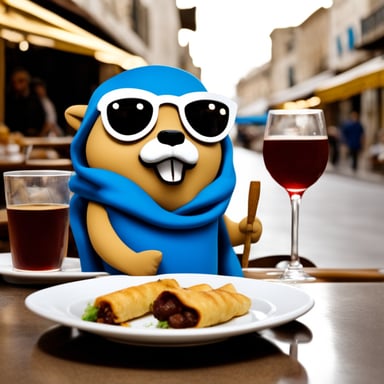 Go Blue Gopher in Greece eating souvlaki.