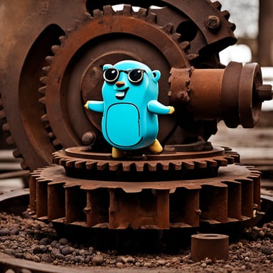 Go Blue Gopher on top of a rusted cog.