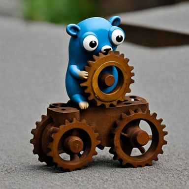 Go Blue Gopher on top of a rusted cog.