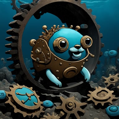Go Blue Gopher wearing a crab shell undersea among rusted metal cogs.