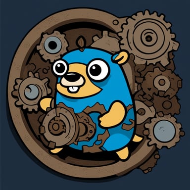 Go Blue Gopher wearing a crab shell undersea among rusted metal cogs.