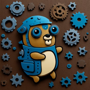 Go Blue Gopher wearing a crab shell undersea among rusted metal cogs.