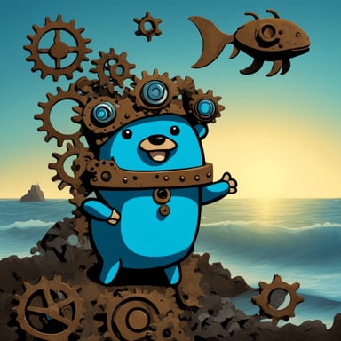 Go Blue Gopher wearing a crab shell undersea among rusted metal cogs.