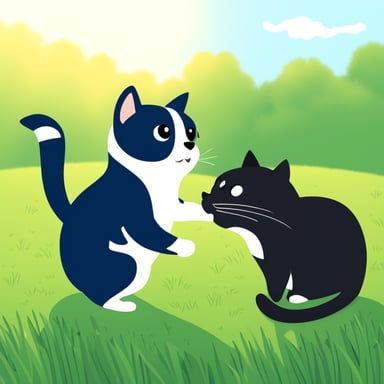 A go blue gopher and a tuxedo cat are playing together on the lawn.