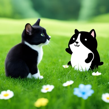 A go blue gopher and a tuxedo cat are playing together on the lawn.