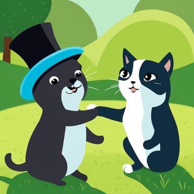A go blue gopher and a tuxedo cat are playing together on the lawn.
