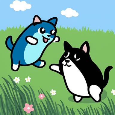A go blue gopher and a tuxedo cat are playing together on the lawn.