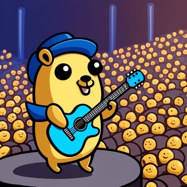 Cute Go Blue Gopher playing guitar on the stage in the arena filled with thousands of fans.