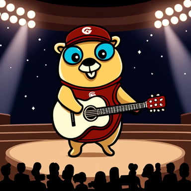 Cute Go Blue Gopher playing guitar on the stage in the arena filled with thousands of fans.