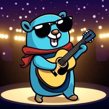Cute Go Blue Gopher playing guitar on the stage in the arena filled with thousands of fans.