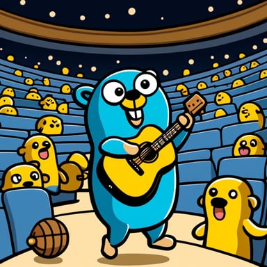 Cute Go Blue Gopher playing guitar on the stage in the arena filled with thousands of fans.