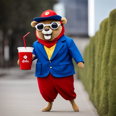 Go Blue Gopher, dressed in a red PedidosYa uniform, delivers food in Montevideo, Uruguay, and enjoys drinking mate.