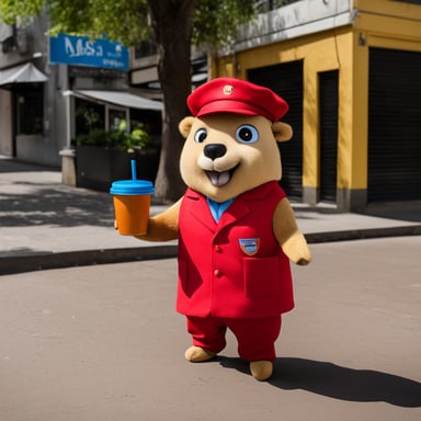 Go Blue Gopher, dressed in a red PedidosYa uniform, delivers food in Montevideo, Uruguay, and enjoys drinking mate.