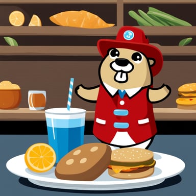 Go Blue Gopher, dressed in a red PedidosYa uniform, delivers food in Montevideo, Uruguay, and enjoys drinking mate.