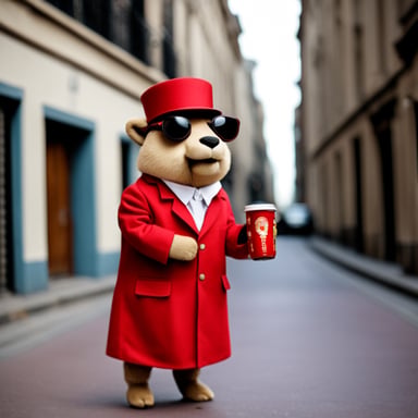 Go Blue Gopher, dressed in a red PedidosYa uniform, delivers food in Montevideo, Uruguay, and enjoys drinking mate.