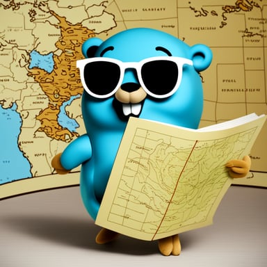 A go blue gopher experiencing wanderlust, stands before a map dotted with dream destinations.