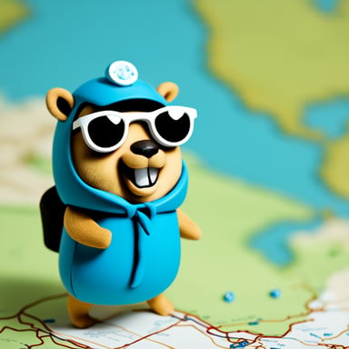 A go blue gopher experiencing wanderlust, stands before a map dotted with dream destinations.