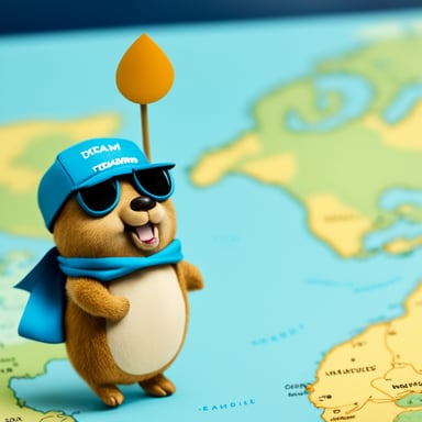 A go blue gopher experiencing wanderlust, stands before a map dotted with dream destinations.