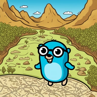A go blue gopher experiencing wanderlust, stands before a map dotted with dream destinations.