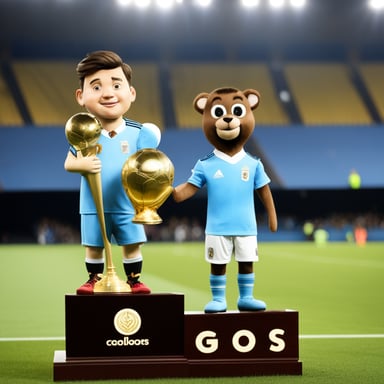 Go Blue Gopher wearing the Argentina soccer jersey, lifting the FIFA World Cup trophy alongside Lionel Messi and LeBron James, with Javier Milei also featured in the image.