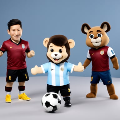 Go Blue Gopher wearing the Argentina soccer jersey, lifting the FIFA World Cup trophy alongside Lionel Messi and LeBron James, with Javier Milei also featured in the image.