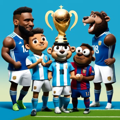 Go Blue Gopher wearing the Argentina soccer jersey, lifting the FIFA World Cup trophy alongside Lionel Messi and LeBron James, with Javier Milei also featured in the image.