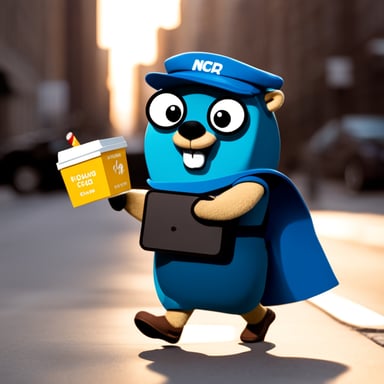Go blue gopher on delivering food with NCR written