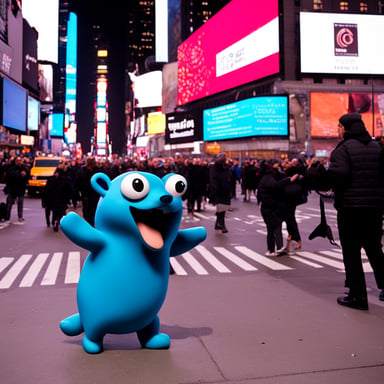 A happy Go Blue Gopher in NY Times Square shouting Have you tried Leftover's Chef?