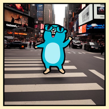 A happy Go Blue Gopher in NY Times Square shouting Have you tried Leftover's Chef?