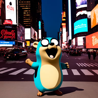 A happy Go Blue Gopher in NY Times Square shouting Have you tried Leftover's Chef?