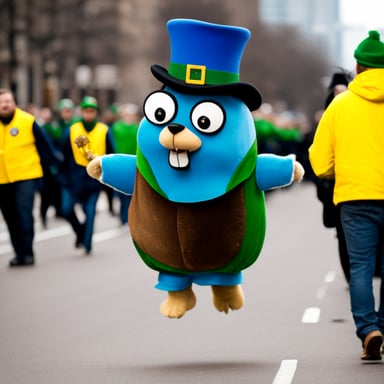 Go Blue Gopher leading a Saint Patrick's Day parade.