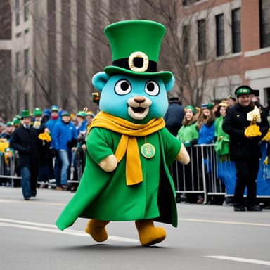Go Blue Gopher leading a Saint Patrick's Day parade.