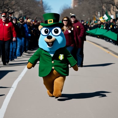 Go Blue Gopher leading a Saint Patrick's Day parade.