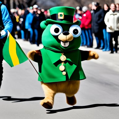 Go Blue Gopher leading a Saint Patrick's Day parade.