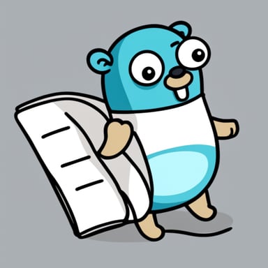 Drawing style Go Blue Gopher, holding a long list in the hand that rolls on the floor.