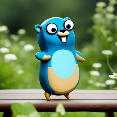 A happy go blue gopher who has the openapi logo on their body.
