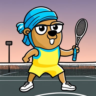Happy go blue gopher playing tennis with a headband to stop the sweating, and a mullet like Andre Agassi. The drawing style is very flat and two-dimensional, like a cartoon.
