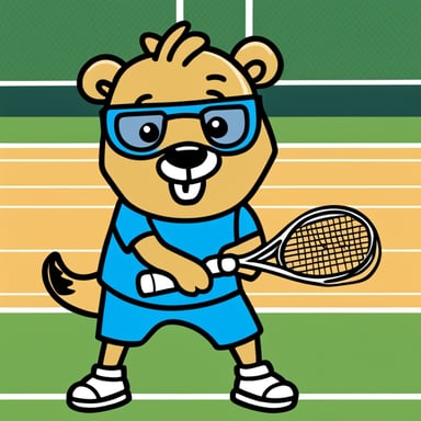 Happy go blue gopher playing tennis with a headband to stop the sweating, and a mullet like Andre Agassi. The drawing style is very flat and two-dimensional, like a cartoon.