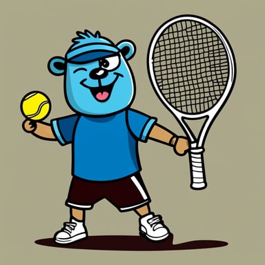 Happy go blue gopher playing tennis with a headband to stop the sweating, and a mullet like Andre Agassi. The drawing style is very flat and two-dimensional, like a cartoon.