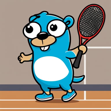 Happy go blue gopher playing tennis with a headband to stop the sweating, and a mullet like Andre Agassi. The drawing style is very flat and two-dimensional, like a cartoon.