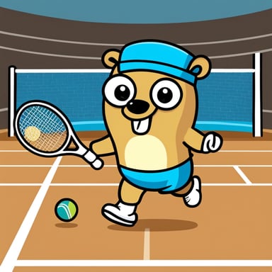 Go Blue Gopher playing tennis, wearing a tennis headband, on the tennis court, cartoon, drawing style.