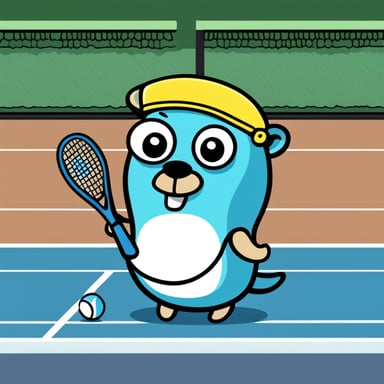 Go Blue Gopher playing tennis, wearing a tennis headband, on the tennis court, cartoon, drawing style.