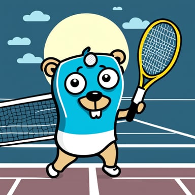 Go Blue Gopher playing tennis, wearing a tennis headband, on the tennis court, cartoon, drawing style.