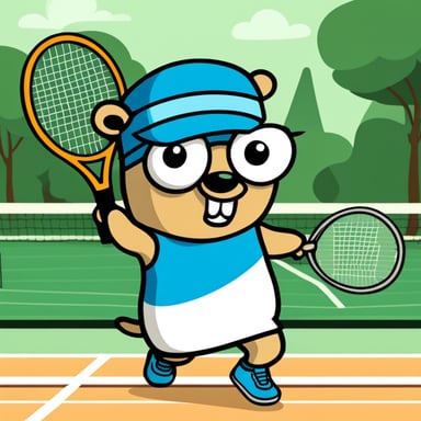 Go Blue Gopher playing tennis, wearing a tennis headband, on the tennis court, cartoon, drawing style.