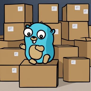Go Blue Gopher in front of 3 boxes, with hands on two of them and looking at the other.
